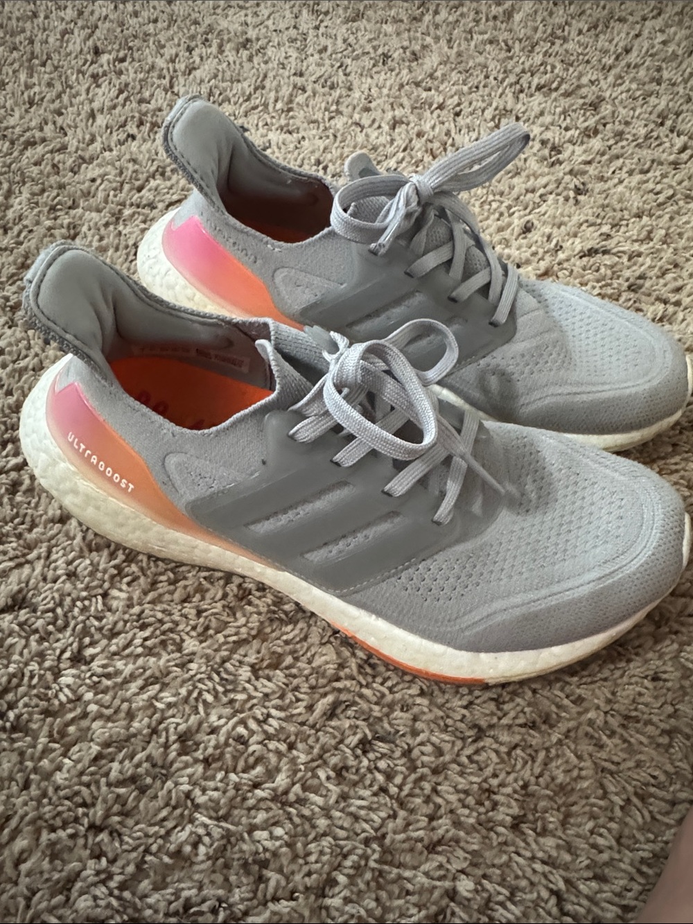 adidas Women's Gray Ultraboost Sneakers with Pink-Orange Heel Accent